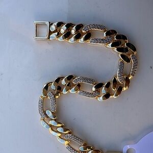 Gold Tone Cuban Link Bracelet With Rhinestone Pave Links 7.5”